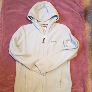 Columbia light blue fleece hooded zip jacket.